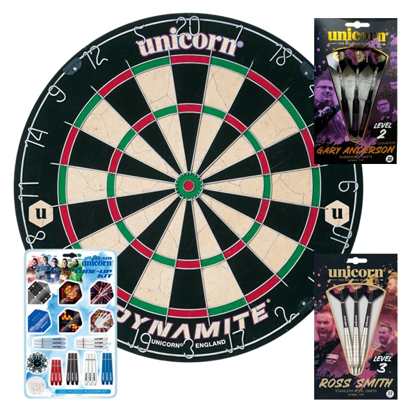 Unicorn Dynamite Starter Pack (Darttavla, 2 uppsättningar av dart och tillbehör)